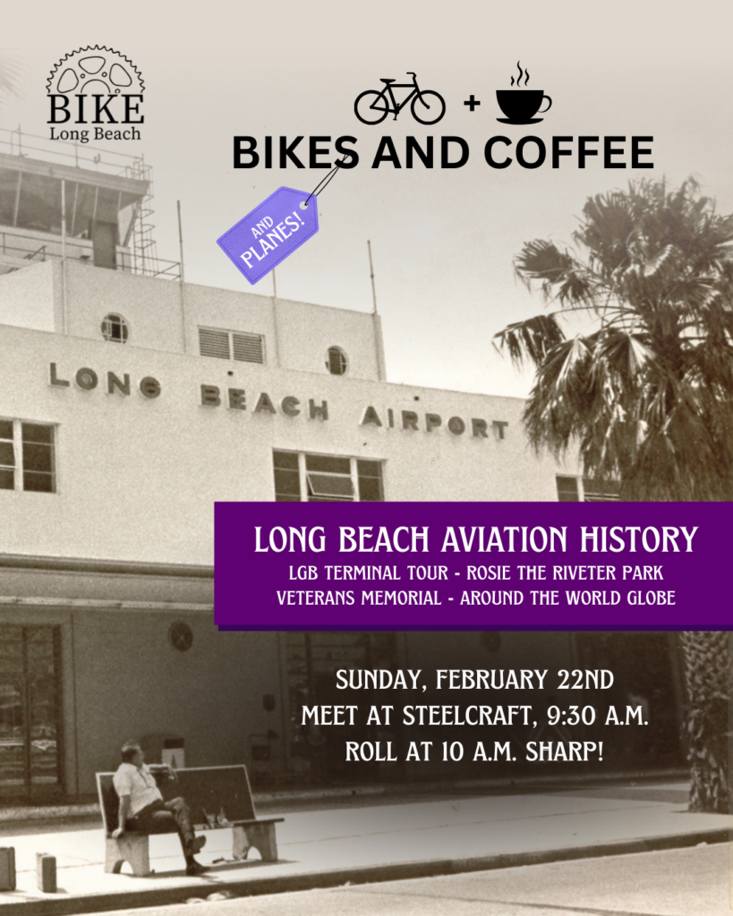 Flyer for Bikes and Coffee on February 22nd. A vintage photo of a man sitting on a bench outside the Long Beach airport terminal.