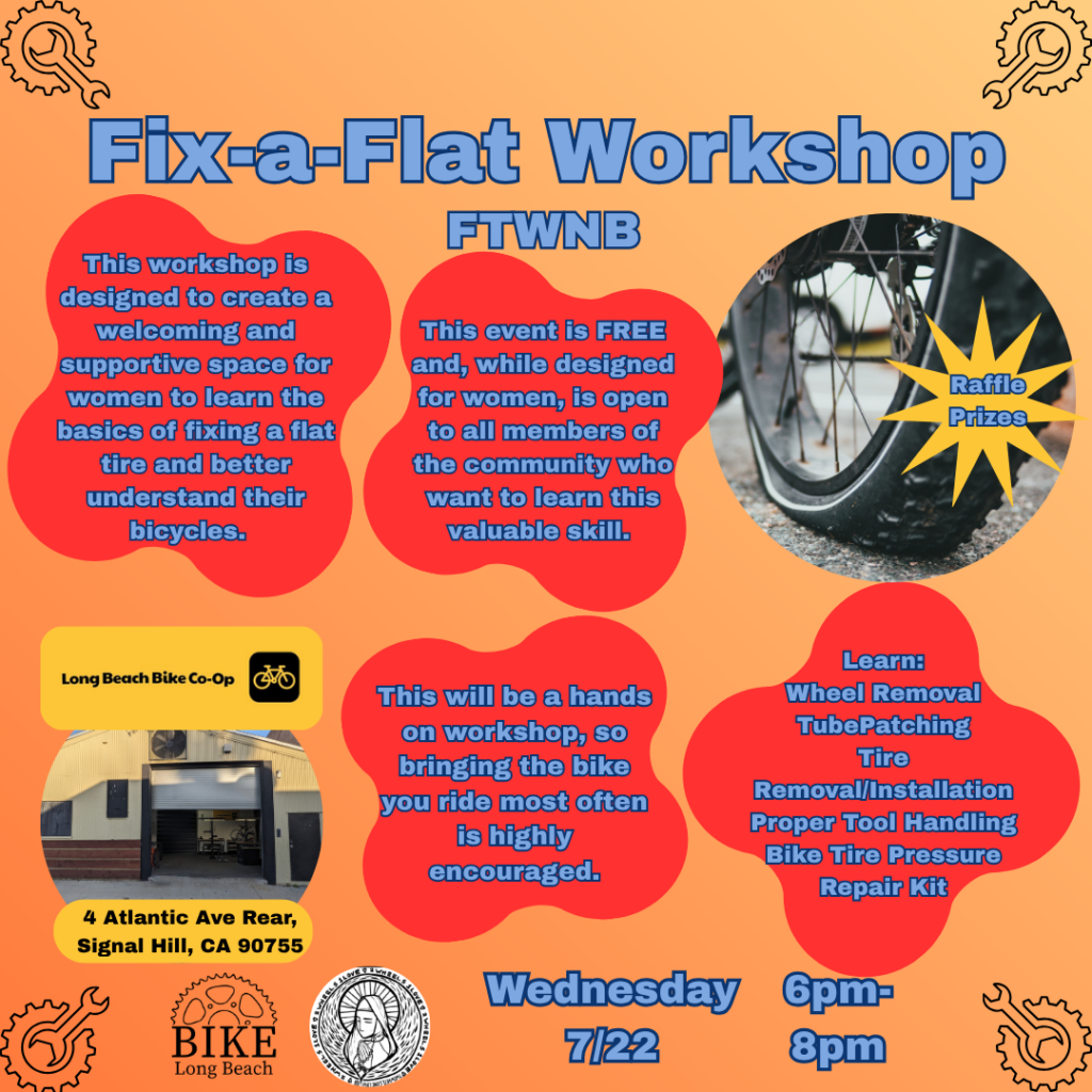 Flyer for Bike Long Beach's Fix-a-Flat FTWNB workshop.